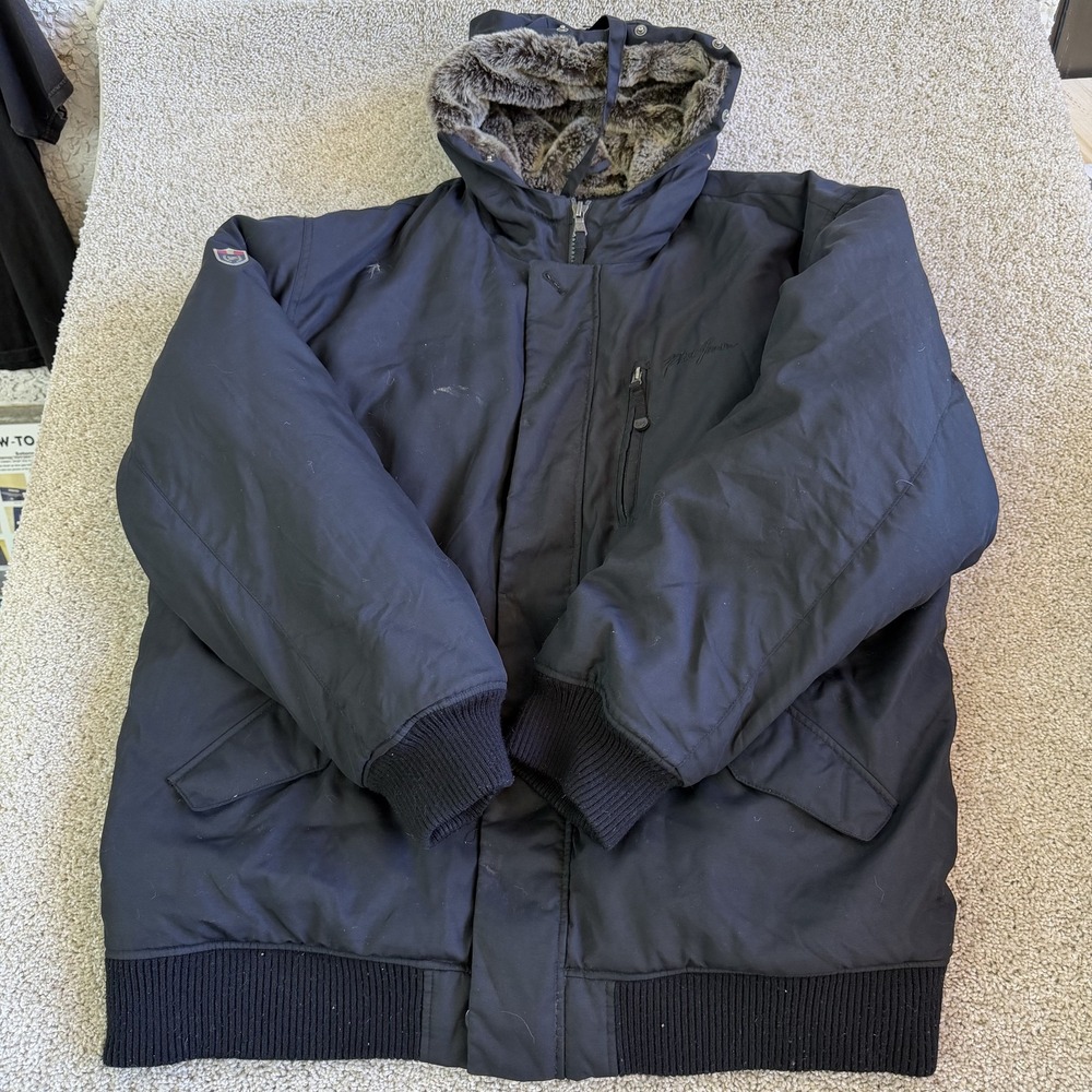 Y2K Phat Farm Jacket Mens 3XL Blue Nylon Fur Lined Hooded Bomber Zip Warm